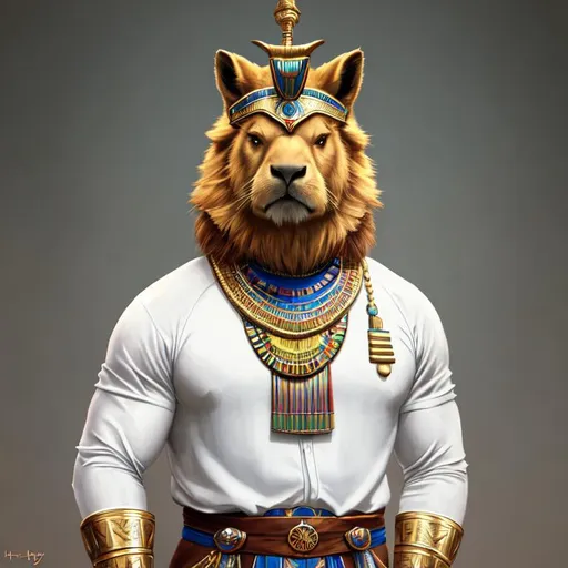 Prompt: oil painting, anthropomorphic capybara, male, furry, warrior, ancient egypt, 8k, UHD,   bronze weapons, hieroglyphics art, hyperrealistic, photorealistic, beautiful art, furry art, full body picture, digital art,  hyperperfectionist, muscular, pharaoh, lion head, hyperdetailed full-body of a werelion in battle stance, hyper detailed background, ancient egypt temple inside background