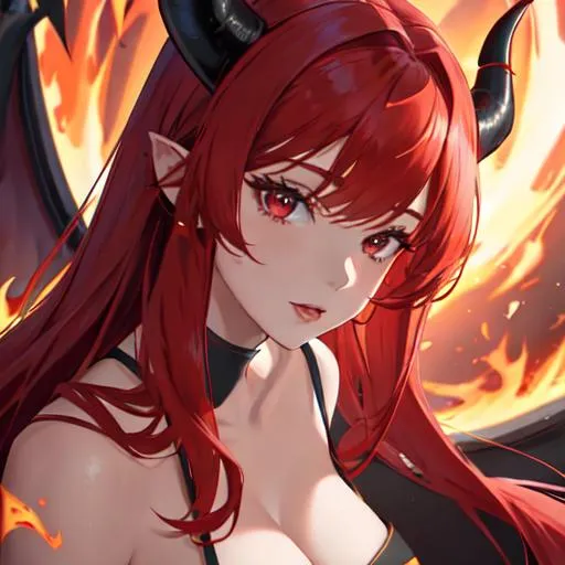 Prompt: Haley with bright red hair pulled back, UHD, highly detailed, fire around her. demon horns, angel devil wings. halo