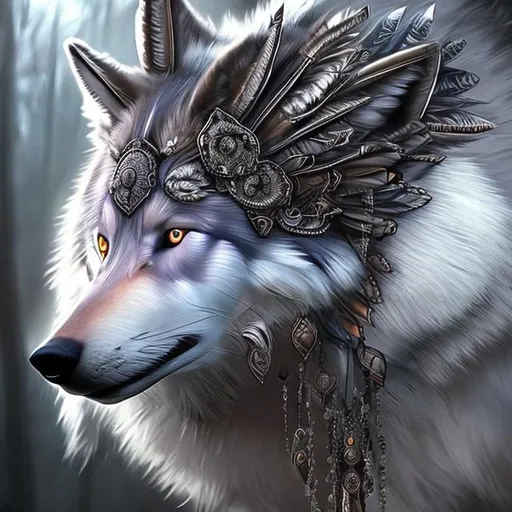 Prompt: Hyper realistic wolf and Indian girl hyper detailed head piece and clothing