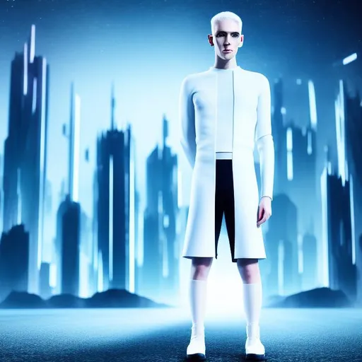 Prompt: Full portait of a pale tall man with short pale hair, a futuristic outfit and a confident stance standing in front of a dark futuristic city