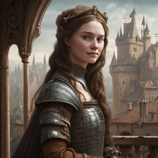 Prompt: Portrait of {a woman in medieval dress} with {long brown} hair and with cute face, {castle}, perfect composition, hyperrealistic, super detailed, 8k, high quality, trending art, trending on artstation, sharp focus, studio photo, intricate details, highly detailed, by greg rutkowski