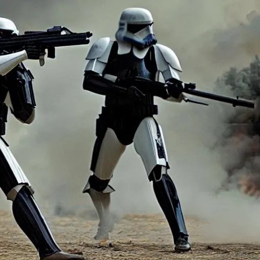 Prompt: Clone trooper Shooting someone with fire around them 
