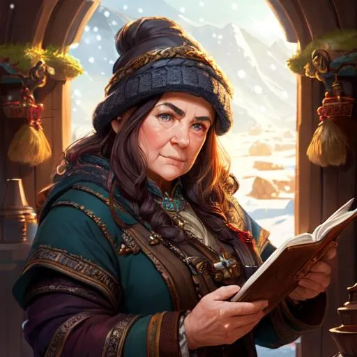 Prompt: old female dnd dwarf trader, beautiful hands, detailed fingers, serious face, wares, portrait, matte painting, fantasy, winter background, high detail, digital art, by justin gerard and greg rutkowski