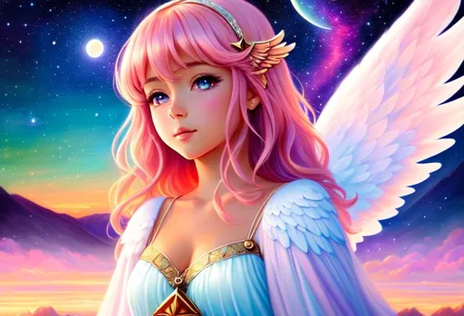 Prompt:  space, angel wings, mysterious, celestial, fantasy, rpg, heavenly, pastel, Witch,woman,tan skintone,aesthetic, pastel, beautiful, pink hair, painting, cute, beautiful eyes, soft, art, rpg, sweet,highres, ,illustration, sunset, stars,mountains,wonderland