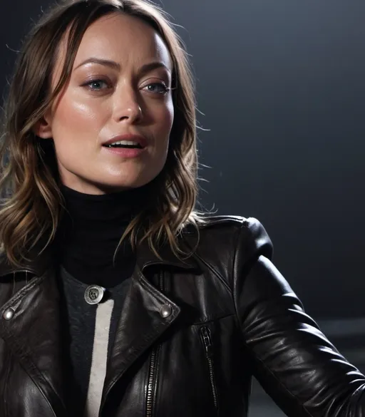 Prompt: Olivia Wilde, leather moto coat, her gloves up in the air and strobe light behind her perfect faces, a screenshot