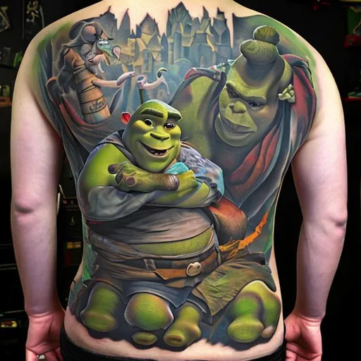 Prompt: Shrek tattoo backpiece 
