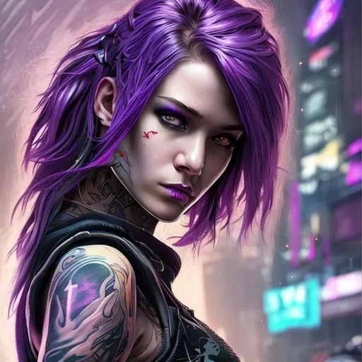 Prompt: ((best quality)), ((masterpiece)), ((realistic)), (detailed), woman, sfw, arm tattoo, cyberpunk fashion, cyberwear impants, long hair, Short pixie with straight hair and undercut, big purple eyes, (looking at viewer:1. 2), (high angle shot:1. 3), colorful tattoos, pink hair, detailed background, in the night city, portrait, smiling, seductive look, night, close up face shot, soft lights, 8k, realistic, Nikon z9, raytracing, focus face
