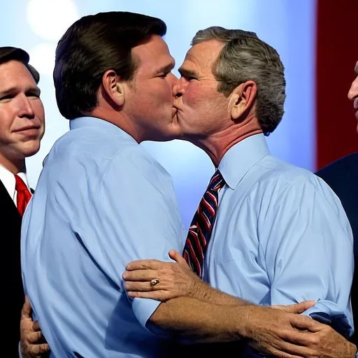 Prompt: Ron DeSantis' lips touch George W. Bush's lips, as they are in a passionate embrace. Their tongues are touching and both seem mildly embarrassed, but they are too in love to care 
