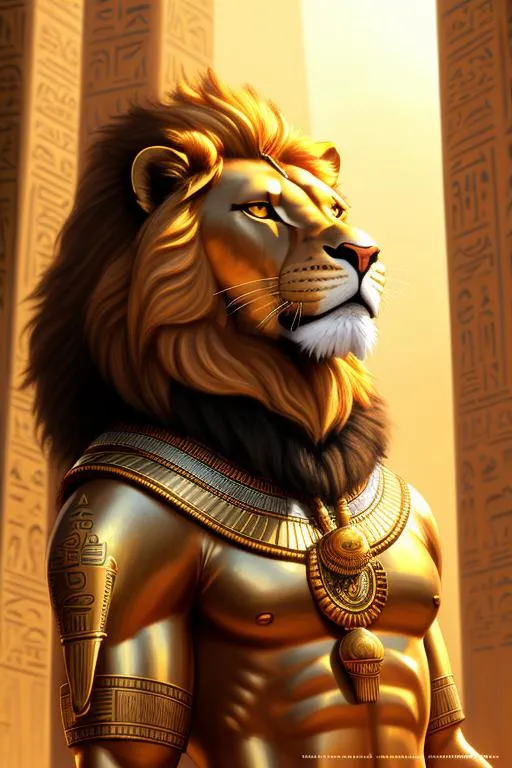 Prompt: oil painting, anthropomorphic lion, male, furry, warrior, ancient egypt, 8k, UHD, depth of field, bronze weapons, hieroglyphics art, hyperrealistic, photorealistic, beautiful art, furry art, digital art,  hyperperfectionist, muscular, pharaoh, lion head, hyper detailed background, ancient egypt temple inside background, god of egypt, highly detailed, gold skin, scary, bloody, fight, pharaoh crown, majestic, furred skin, glowing halo, panned out view of the character, hyperdetailed full-body of a werelion in battle stance