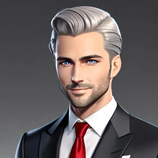 Prompt: Character concept art of a man in his late thirties to early fourties wearing a tailored gray suit with a gray necktie on the red carpet at a gala. He has no facial hair, has light honey blond hair, gray eyes, a slicked back coiffed hairstyle, smooth soft skin, and a is wearing a tight smile. soft lighting, intricate, elegant, highly detailed, digital painting, trending on artstation, detailed face, realistic face, smooth, sharp focus, illustration art by Stanley Lau, detailed face, by makoto shinkai, stanley artgerm lau, wlop, rossdraws, concept art, digital painting