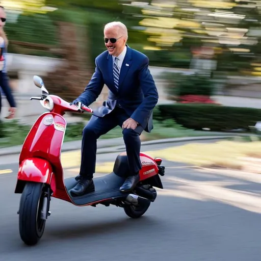 Prompt: Joe Biden riding a scooter really fast