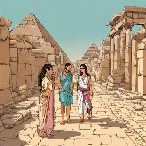 Prompt: Illustrate two characters meeting in the streets of an ancient city, with the subtle presence of pyramids and ancient buildings in the background. Anklets could be emphasized in this scene.
