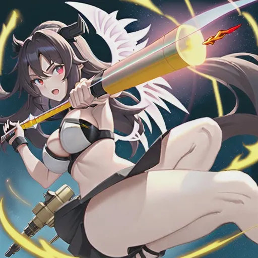 Prompt: A hot girl holding a insaan le power full weapon and fling with white colour wings her eyes are Red in colour
