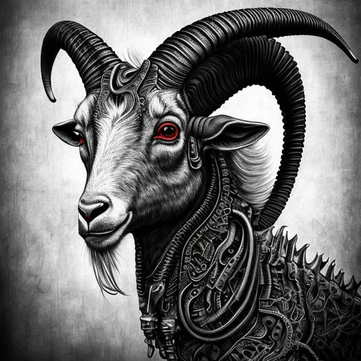 Prompt: create an air brushed picture of a hyper realistic ultra detailed photograph of a beautiful biomechanical goat, huge horns, long goatee, red eyes, chrome, metal, H. R. Giger art style, monochrome, industrial, biomechanical, chrome, H. R. Giger inspired, highly detailed, 8K, UHD, exquisite detail, dirty, dark heavy metal, evil, dark background, monochrome,