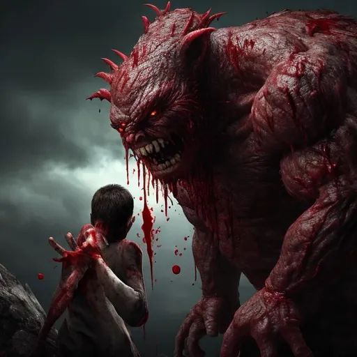 Prompt:  blood on the guy singing while a monster is look down at him with hunger and anger