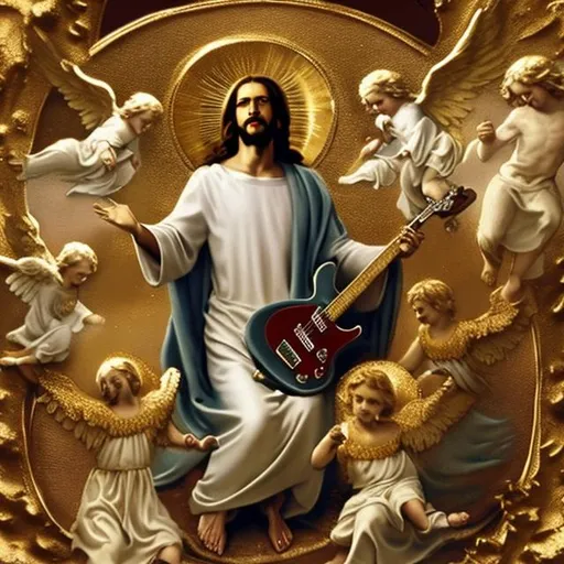 Prompt: that guy on the corner playing guitar named jesus dressed like jesus surrounded by flying cherubs all in gold