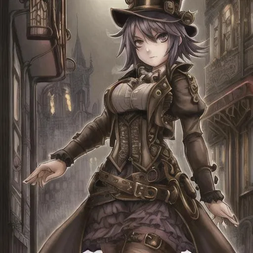 Prompt: Steampunk girl in gothic city streets, night, fog