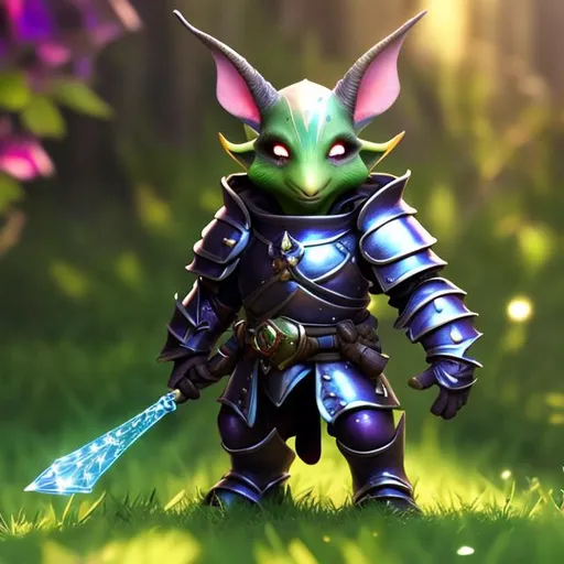 Prompt: Goblin, pots and pans armor, fantsy, playful, knight, adventure, outside background, purple skin, small, long ears, long nose, crystals, gems, magic, glow