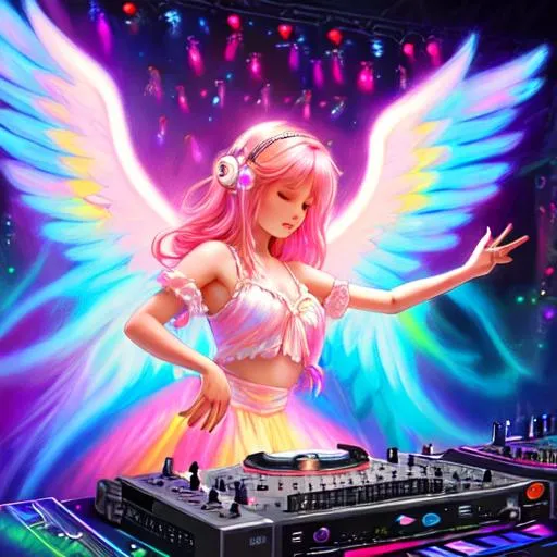 Prompt: Highly detailed shot soft lighting pastel painting of an alluring angel with wings DJing and dancers in cute outfits with flowing colorful hair on stage with shimmering lights.