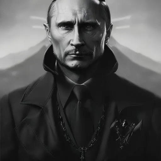 Prompt: a demonic vladimir putin, dark atmosphere, greyscale, detailed linework, cinematic, psychedelic, black paper, ornate, symmetrical, tarot card, highly detailed, ink illustration, style of peter mohrbacher, golden ratio, 8 k