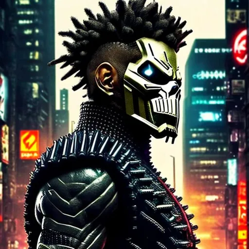 Prompt: Focused. Sharp. 4k. Afro hair. All Might punisher spawn. Afro. all-black camo. Full body. Imperfect, Gritty, futuristic army-trained villain. Half face mask. Bloody. Hurt. Damaged. Accurate. realistic. evil eyes. Slow exposure. Detailed. Dirty. Dark and gritty. Post-apocalyptic Neo Tokyo .Futuristic. Shadows. Sinister. Armed. Fanatic. Intense. 