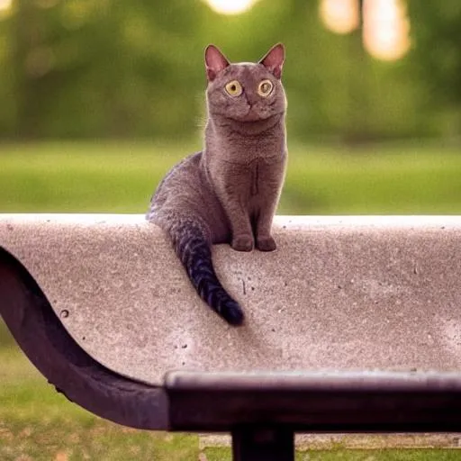 Prompt: cat posing in a park on a bench


