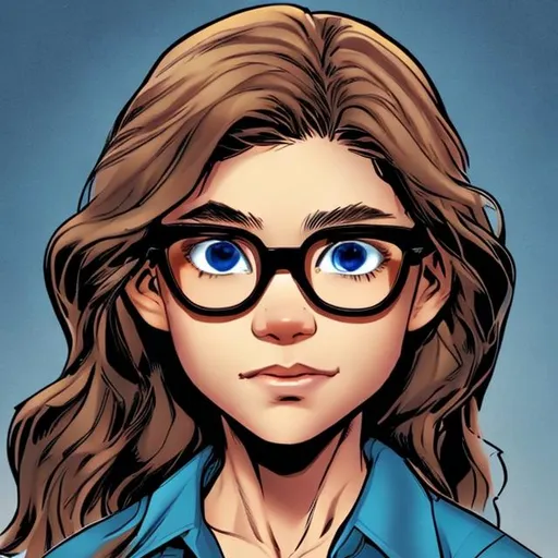 Prompt: A girl with light skin and dark blue eyes with brown hair and brown glasses in a comic book