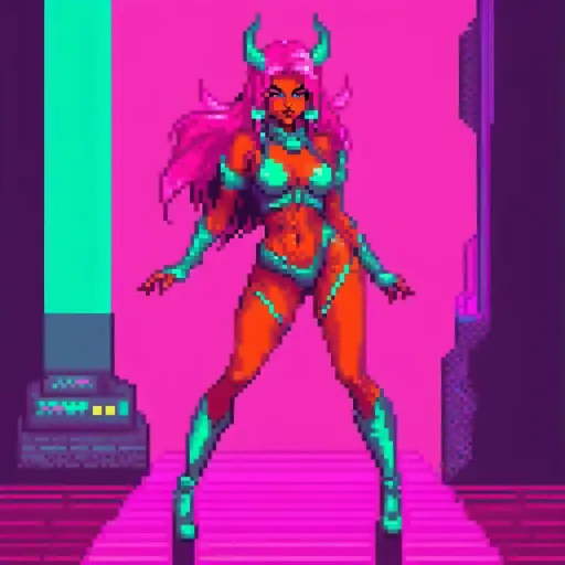 Prompt: a beautiful female demon in a dynamic pose in a retro futuristic synthwave cyberpunk neon paradise.  neon lighting, high quality, beautiful, masterpiece, artistic, synthwave, cyber, retro, futuristic