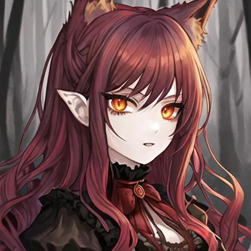 Prompt: Portrait of goth girl with red wavy hair and amber eyes, wolf ears, dark Victorian clothes, forest background 