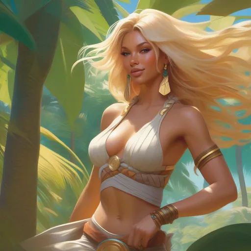 Prompt: Concept art of a beautiful blonde cavewoman ayla dancing at the millennial fair from chrono trigger, outdoor fairgrounds, grass, trees, colorful striped pavillions, by stanley artgerm lau, wlop, rossdraws, james jean, andrei riabovitchev, marc simonetti, and sakimichan, tranding on artstation