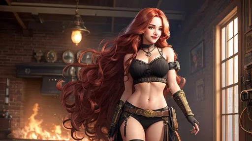 Prompt: extremely realistic, hyperdetailed, ,extremely long red wavy hair  girl, blushing, smiling happily,  toned body, showing  midriff, highly detailed face, highly detailed eyes, full body, whole body visible, full character visible, soft lighting, high definition, ultra realistic, 2D drawing, 8K, digital art by Ilya Kuvshinov, steampunk style