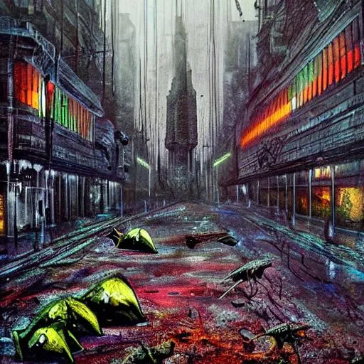 Prompt: dark disturbing colors, its a rainy day, dark city, future, abandoned, ruins, megalophobic creatures roamings around looking for humans to feast on, disturbing disoriented mess, no looking forward to a better future, the end, megalophobia