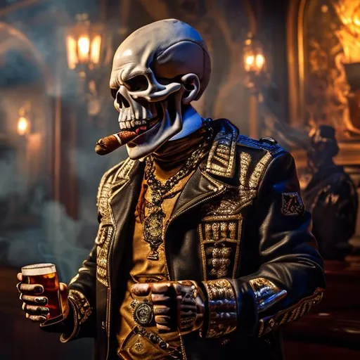 Prompt: HD, skeleton, smoking a cigar in his mouth and looking at you, pointing at you, holding beer