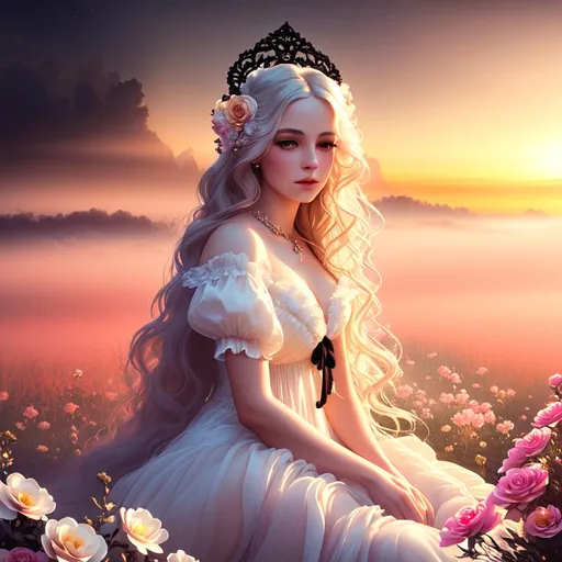 Prompt: portrait painting of a beautiful girl, style of Fragonard and Yoshitaka Amano (messy long flowing
 white hair), sunset, ((inricate black gothic gown)) flowers, delicate, soft, ethereal, luminous, glowing, dark contrast, celestial, trails of light, 3D lighting, soft light, backlit, vaporwave