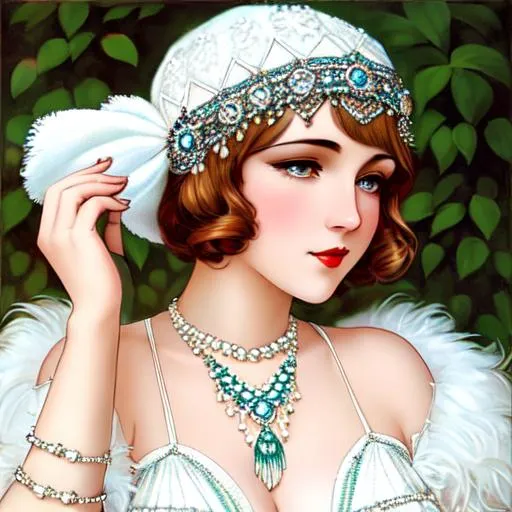 Prompt: EPIC PERSPECTIVE. Art nouveau style. Flapper Girl in full flapper style, beaded and fringed, all white, mini dress with flapper style beanie cap with white beaded fringe with lovely face. haute couture circa 1920. Digital art very intricate art nouveau 