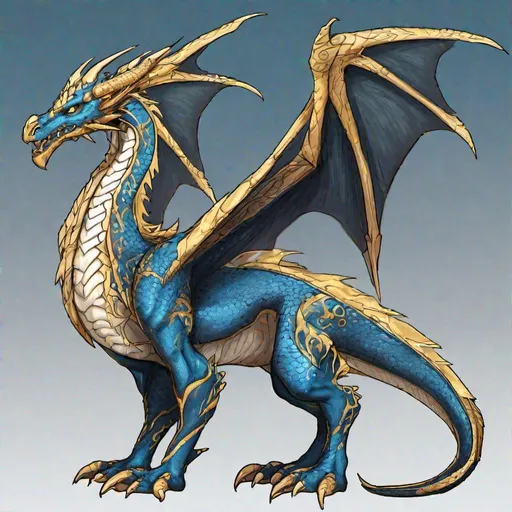 Prompt: Concept designs of a dragon. Full dragon body. Dragon has four legs and a set of wings. Side view. Coloring in the dragon is predominantly dark sky blue with light golden streaks and details present.