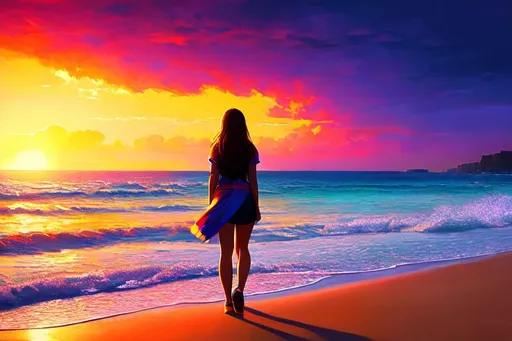 Prompt: beautiful girl seen from the back on the beach in the style of Alena Aenami and Bob Eggleton and Bjarke Ingels, vivid colours, high contrast, digital painting