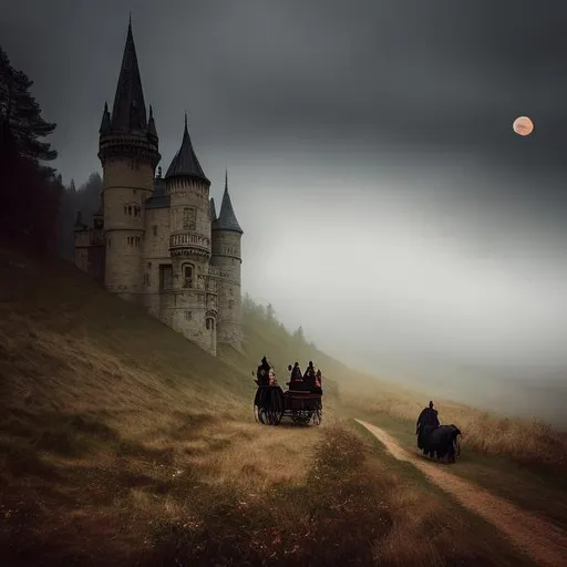 Prompt: ((Best Quality)), ((The masterpiece)), ((realistic)) ((victorian vampiric Dracula Gothic carriage hightly detailed)) with Mina Harper interior, Dracula's  Brides flying over trying to attack Mina, and  2 black horses pulling the carriage, in the fog year 1880, going to a ((Gothic Dracula Castle)), ((Bram Stocker  inspired movie Dracula))((hightly detailed)), ((outstanding)), ((Cinematic )) ,((Gorgeus)), Realistic, HDR.