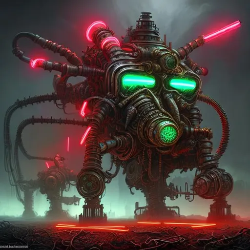 Prompt: Fantasy art style, painting, metal, chrome, Evil, dictatorship, green neon lights, neon lights, green lights, futuristic, biological mechanical war machine, biological mechanical, dystopian, war machine, pipes, tubes, cables, nuclear weapons, weapons, teeth, brutalist, fog, smog