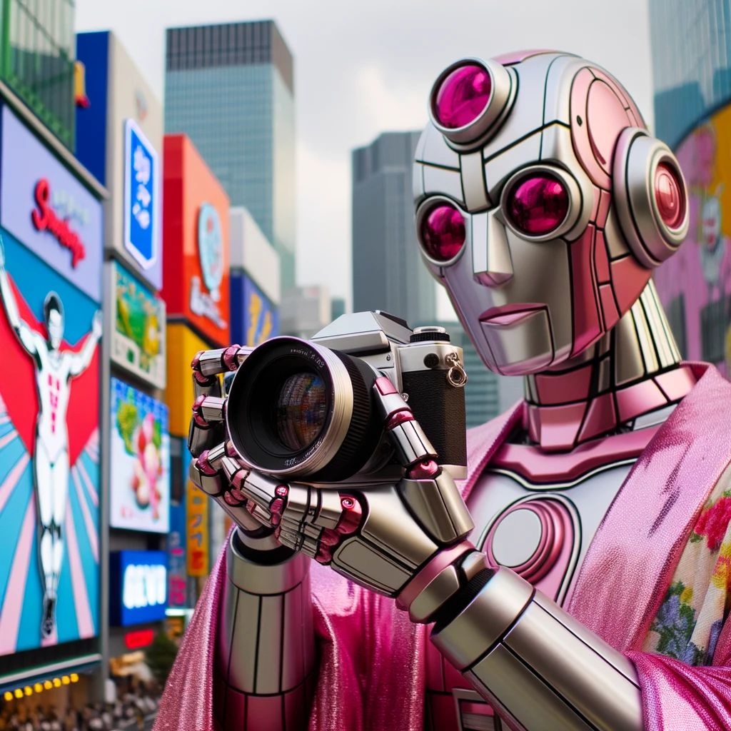 Prompt: Photo of a metallic robot adorned in a vibrant outfit of pinks and whites, holding a camera lens against the backdrop of a neo-pop cityscape.