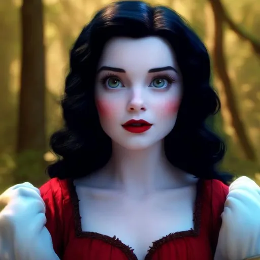 Prompt: disney snow white as live action human woman hyper realistic beautiful black hair pale skin red lips red yellow blue and white dress
magical forest hd background with live action realistic animal companions
