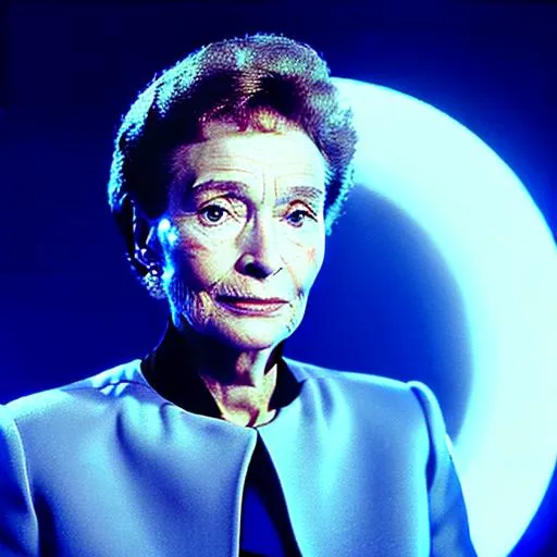 Prompt: Emmanuelle Riva is a futuristic civil servant dressed in a Space-1999-inspired business suit on a space station. photorealistic, accurate face
