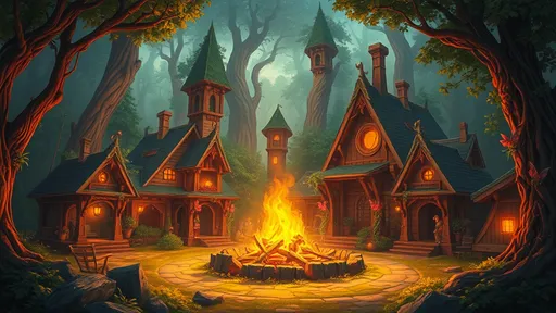 Prompt: (rpg fantasy game style), captivating (covenstead) illustration, warm colors, enchanting atmosphere, magical forest backdrop, lush greenery, ethereal lighting, detailed architecture, whimsical design elements, inviting vibe, cozy ambiance, intricate details, high quality, ultra-detailed, perfect for a fantasy game environment. night time, huge bonfire in the middle