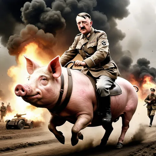 Prompt: Realistic picture. Adolphe hitler riding on a pig . WW2 style battlefield