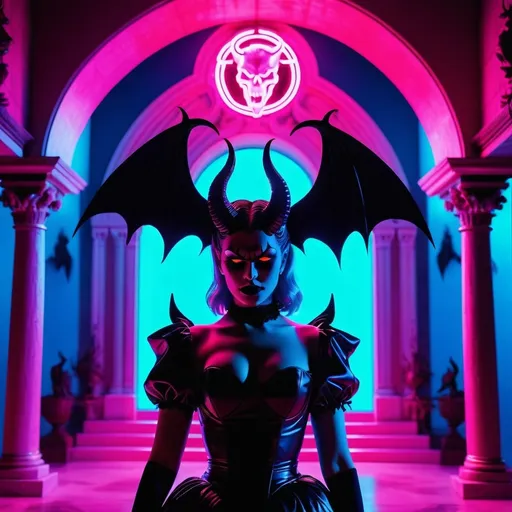 Prompt: demon, hell, demonic, gothic, vaporwave, retro, neon, aesthetic, liminal, high quality, high definition, beautiful, dramatic lighting