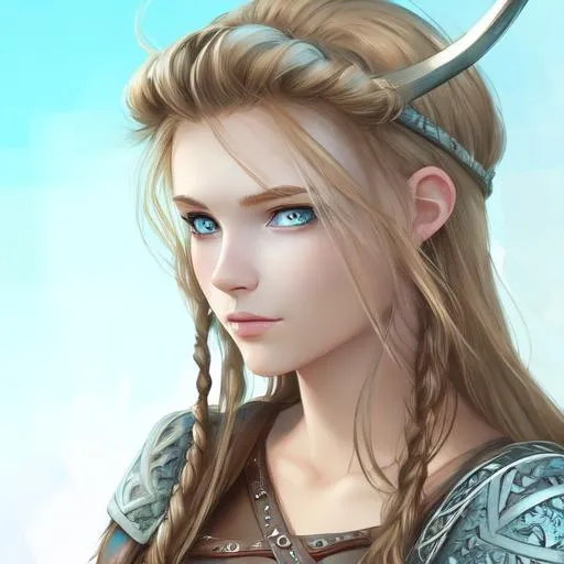 Prompt: digital art, Young woman viking, medium-length brown hair with streaks of blonde, light blue eyes, 20 years old