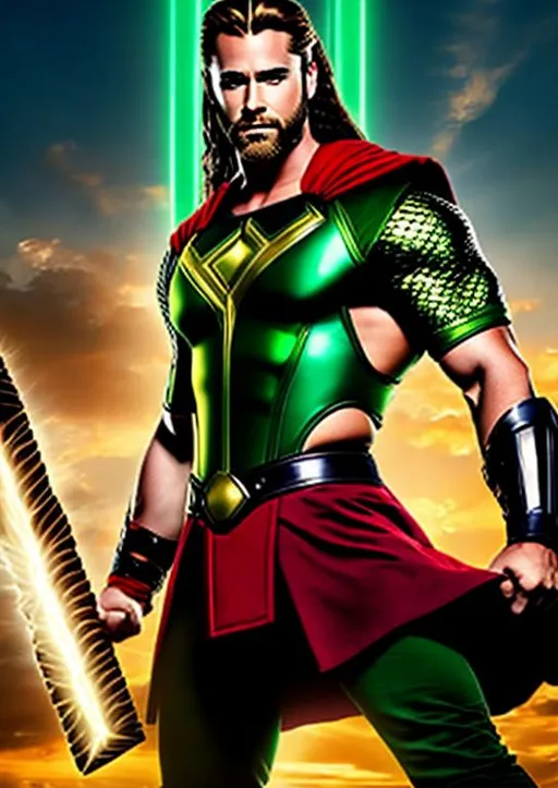 Prompt: High-resolution hyperrealistic photo of marvel's demigod {{hercules}} merged with thor, undercut mullet hair, holding mjolnir, green and red and black and gold costume, uhd, hdr, 64k