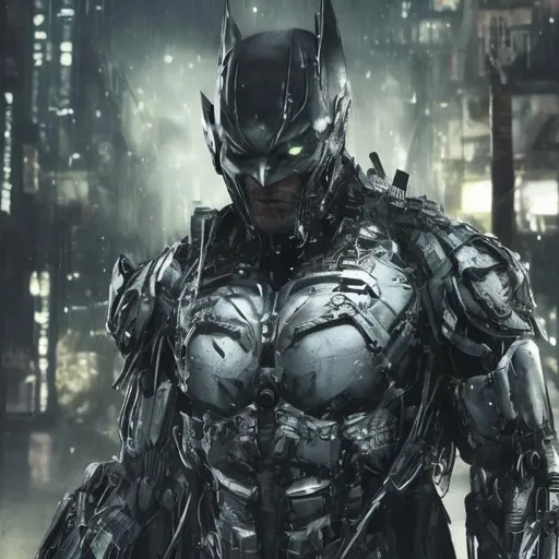 Prompt: Very dark black, good and green evil distant future bionic enhanced batman. Super soldier. Accurate. realistic. evil eyes. Slow exposure. Detailed. Dirty. Dark and gritty. Post-apocalyptic Neo Tokyo. Futuristic. Shadows. Sinister. Armed. Fanatic. Intense. 