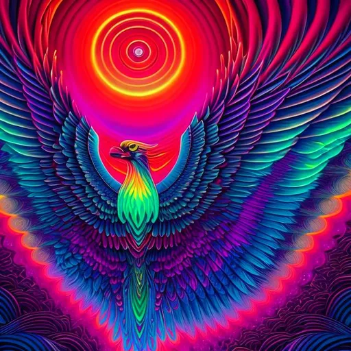 Prompt: Hypnotic illustration of phoenix hypnotic psychedelic art by Dan Mumford, pop surrealism, dark glow neon paint, mystical, Behance
