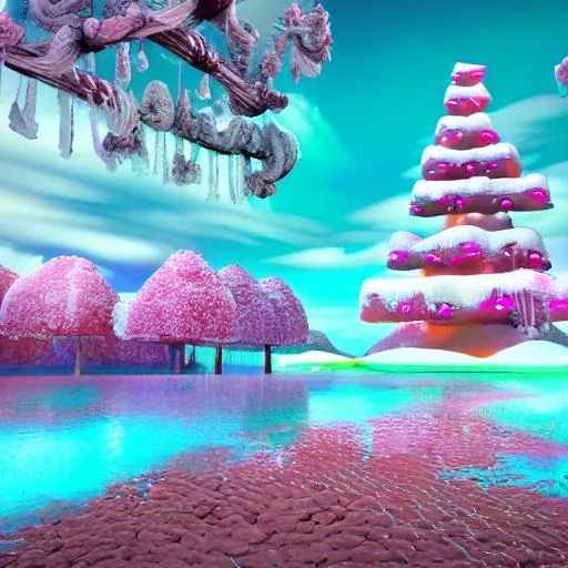 Prompt: Paradise in heaven, Vivid, V-Ray Lighting, Reflections, Refraction, Intricate Details, Realistic, Sharp, Octane Render, UHD, 4K, 8K, pastel colors, chocolate fountain, candy drop trees, beautiful, candy canes, syrup lale, waffle cone mountains, kit cat road

